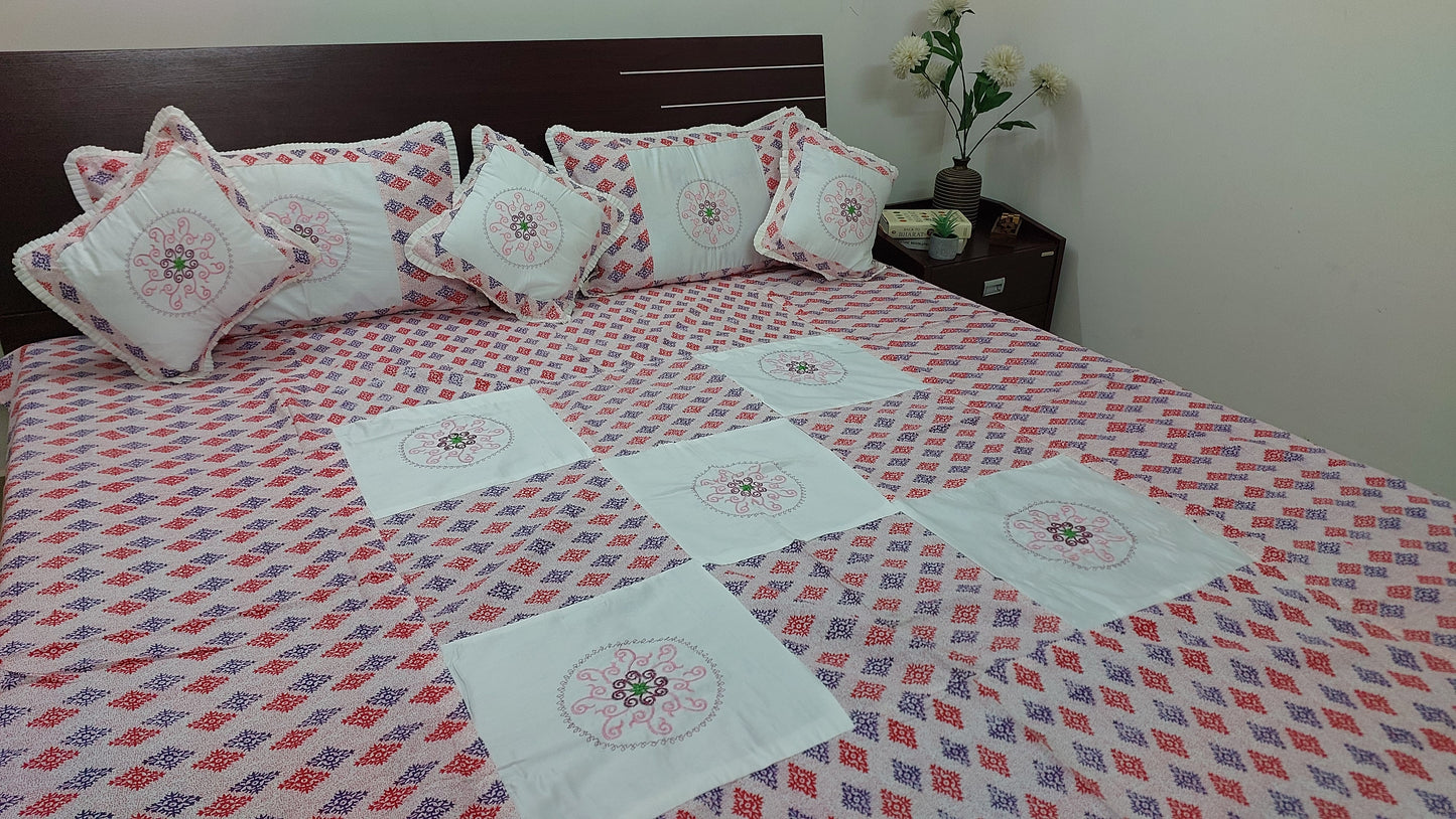 RED & BLUE WITH WHITE PATCHWORK & EMBROIDERY QUEEN BEDSHEET