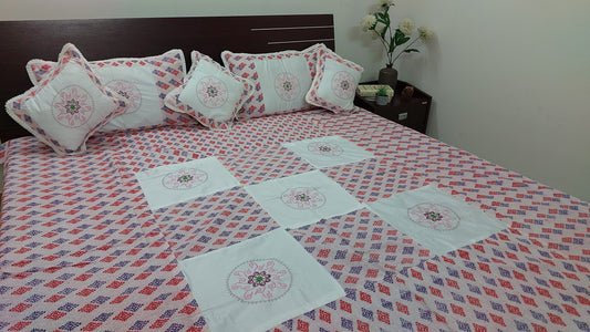 RED & BLUE WITH WHITE PATCHWORK & EMBROIDERY QUEEN BEDSHEET