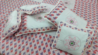 RED & BLUE WITH WHITE PATCHWORK & EMBROIDERY QUEEN BEDSHEET