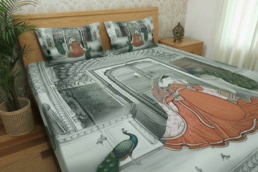 PEACOCK DIGITAL PRINTED KING COTTON BEDSHEET SET