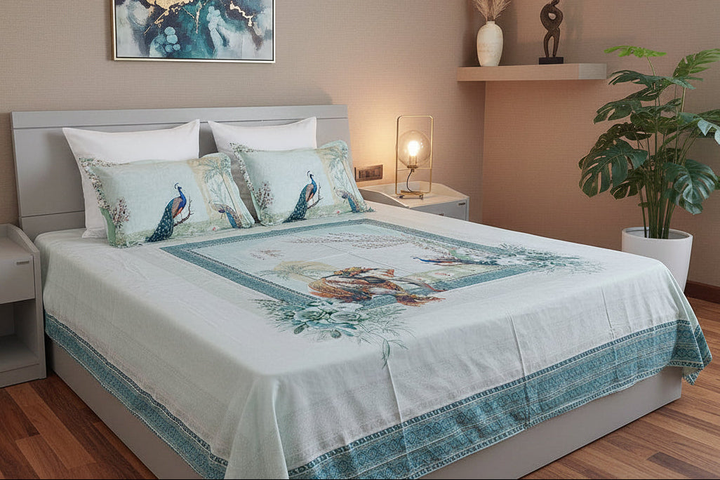 PEACOCK & ELEPHANT DIGITAL PRINTED COTTON KING BEDSHEET