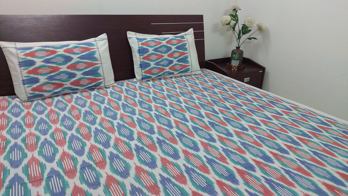 RED & BLUE POCHAMPALLY IKAT COTTON QUEEN BEDSHEET