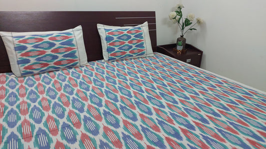 RED & BLUE POCHAMPALLY IKAT COTTON QUEEN BEDSHEET