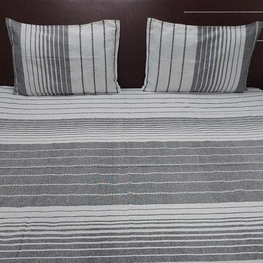 BLACK & WHITE HANDLOOM COTTON STRIPED QUEEN BEDSHEET