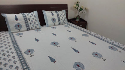WHITE & BLUE HANDBLOCK PRINTED COTTON KING BEDSHEET