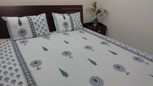 WHITE & BLUE HANDBLOCK PRINTED COTTON KING BEDSHEET