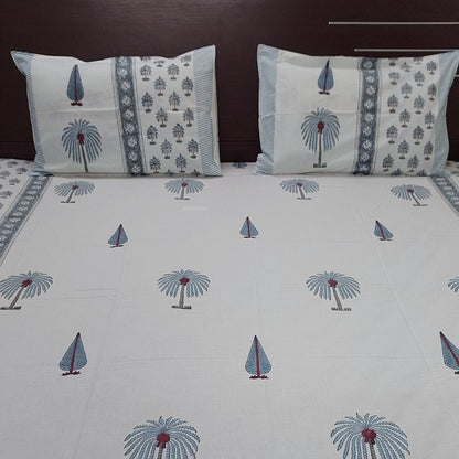 WHITE & BLUE HANDBLOCK PRINTED COTTON KING BEDSHEET