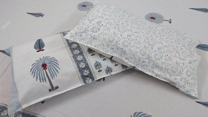 WHITE & BLUE HANDBLOCK PRINTED COTTON KING BEDSHEET