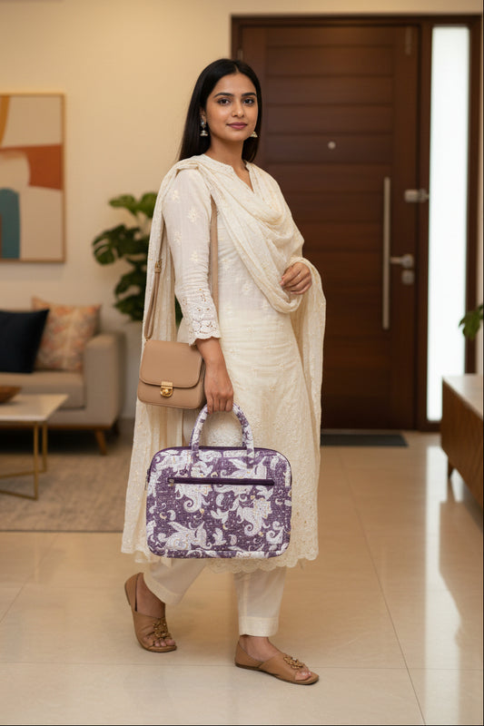 WHITE & BEIGE BLOCK PRINTED LAPTOP BAG