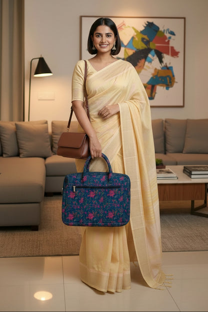 NAVY BLUE & PINK BLOCK PRINTED LAPTOP BAG