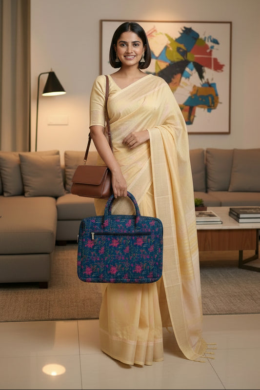 NAVY BLUE & PINK BLOCK PRINTED LAPTOP BAG