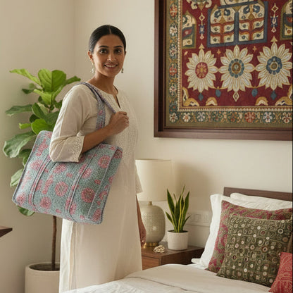 GREY & PINK QUILTED TOTE BAG