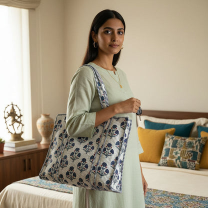 WHITE FLORAL QUILTED TOTE BAG