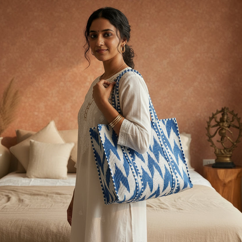 BLUE & WHITE QUILTED TOTE BAG