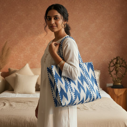 BLUE & WHITE QUILTED TOTE BAG