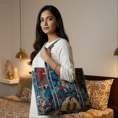 NAVY BLUE & MULTICOLOURED QUILTED TOTE BAG