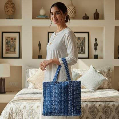 NAVY BLUE QUILTED TOTE BAG