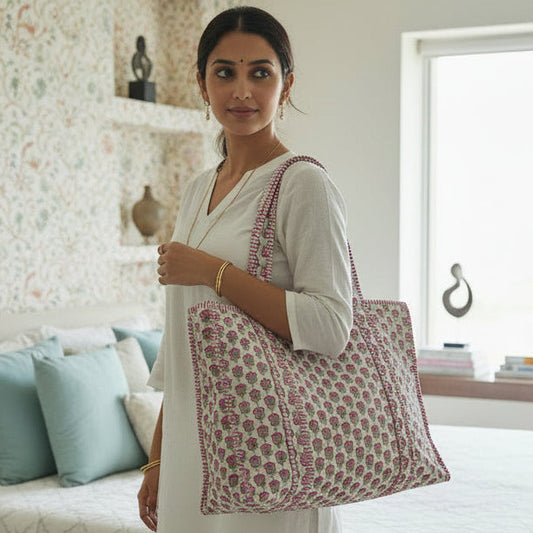PINK & WHITE QUILTED TOTE BAG