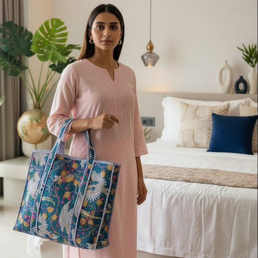 BLUE QUILTED TOTE BAG