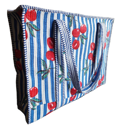 BLUE & WHITE STRIPED QUILTED TOTE BAG