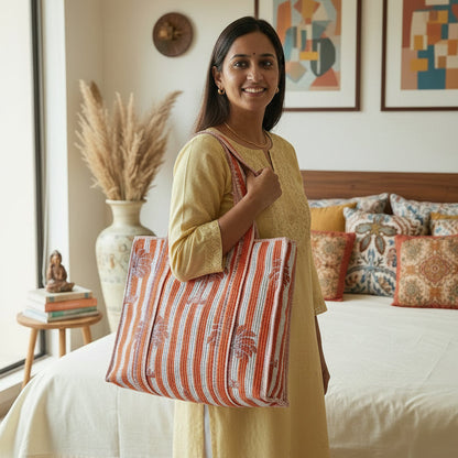 ORANGE & WHITE QUILTED TOTE BAG