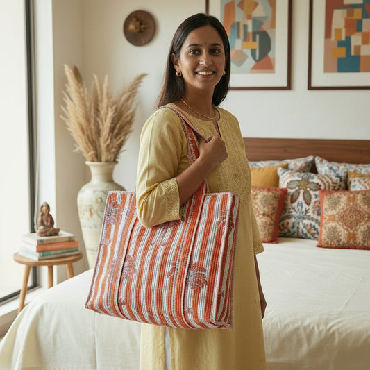 ORANGE & WHITE QUILTED TOTE BAG