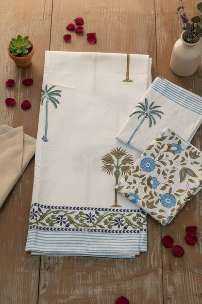 WHITE & GREEN PALM HAND BLOCK PRINTED KING COTTON BEDSHEET SET