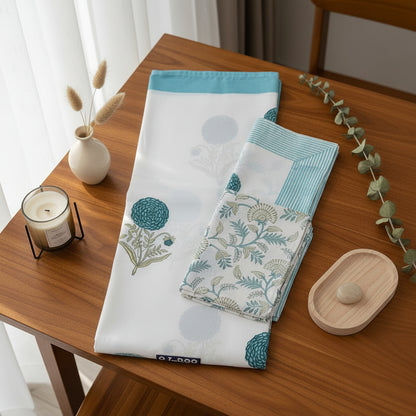 OFF WHITE & TURQUOISE BLUE HAND BLOCK PRINTED KING COTTON BEDSHEET SET