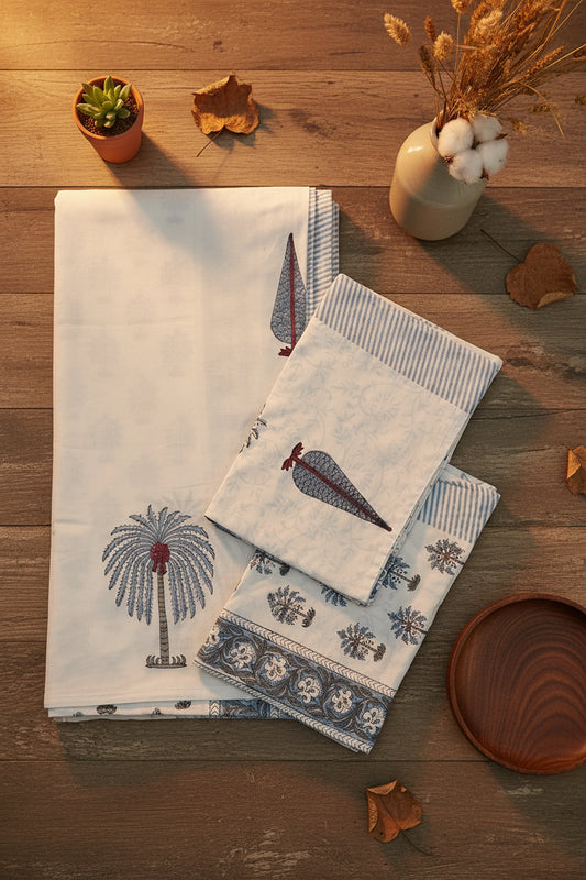 WHITE & BLUE HANDBLOCK PRINTED KING COTTON BEDSHEET SET