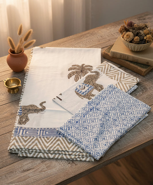 WHITE STRIPED JUMBO HAND BLOCK PRINTED KING COTTON BEDSHEET SET