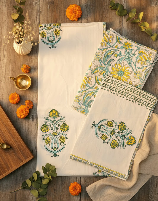 YELLOW GREEN FLORAL HAND BLOCK PRINTED KING COTTON BEDSHEET SET