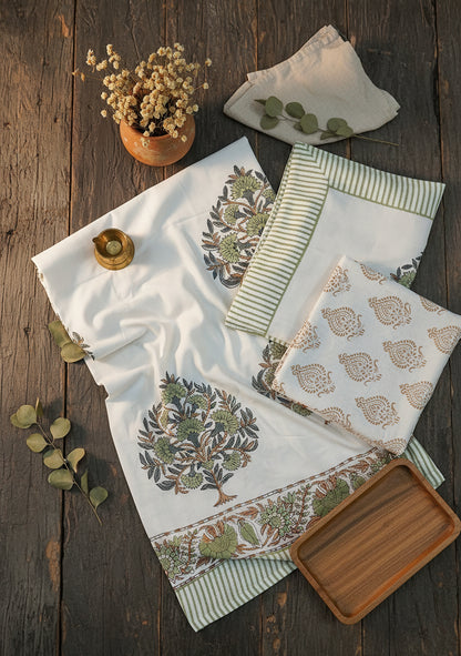 WHITE TREE MOTIF HAND BLOCK PRINTED KING COTTON BEDSHEET SET