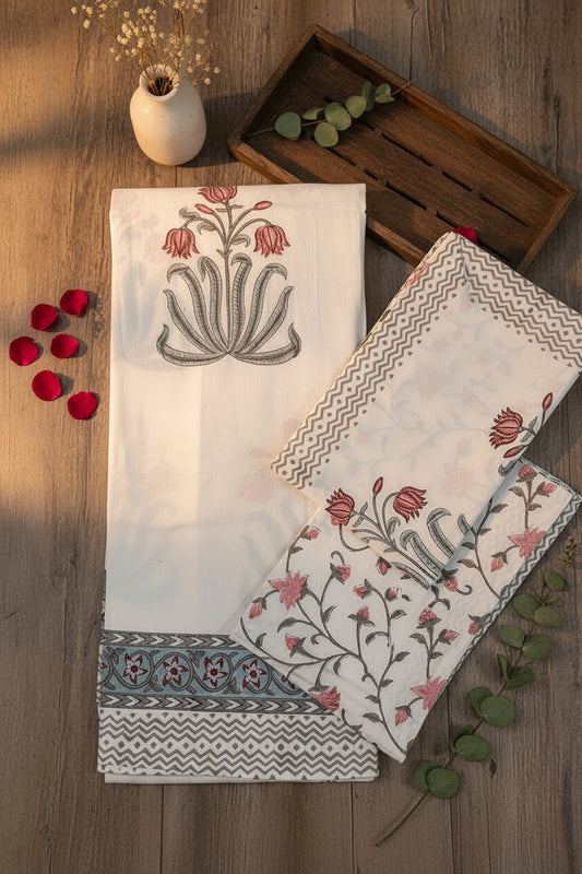 LOTUS HAND BLOCK PRINTED KING COTTON BEDSHEET SET