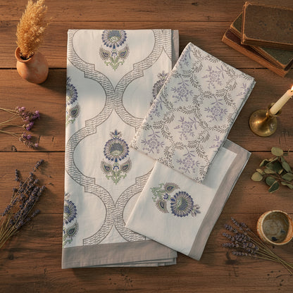 IVORY GREY HAND BLOCK PRINTED KING COTTON BEDSHEET SET