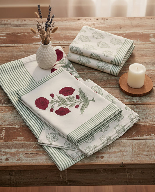 OFF WHITE & GREEN STRIPED HAND BLOCK PRINTED KING COTTON BEDSHEET SET