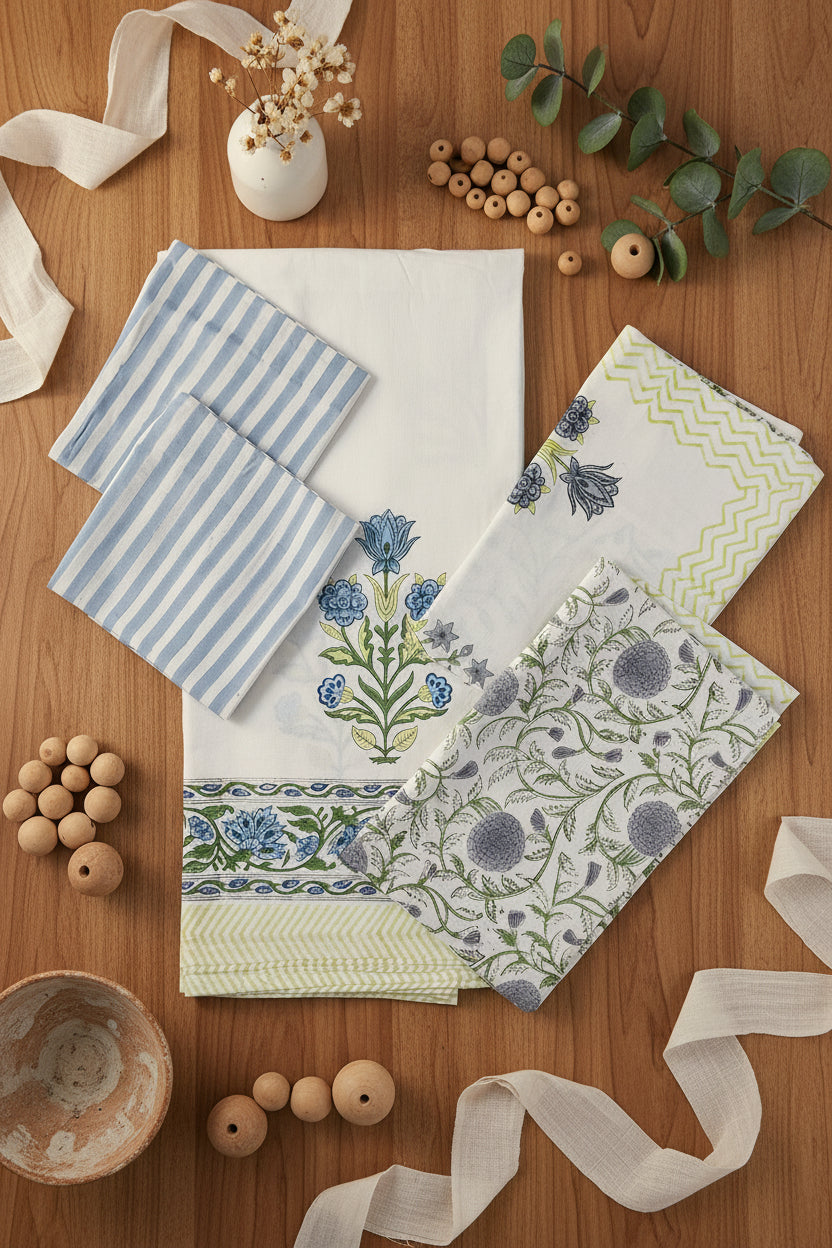 BLUE YELLOW HAND BLOCK PRINTED KING COTTON BEDSHEET SET