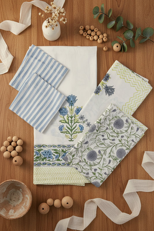 BLUE YELLOW HAND BLOCK PRINTED KING COTTON BEDSHEET SET