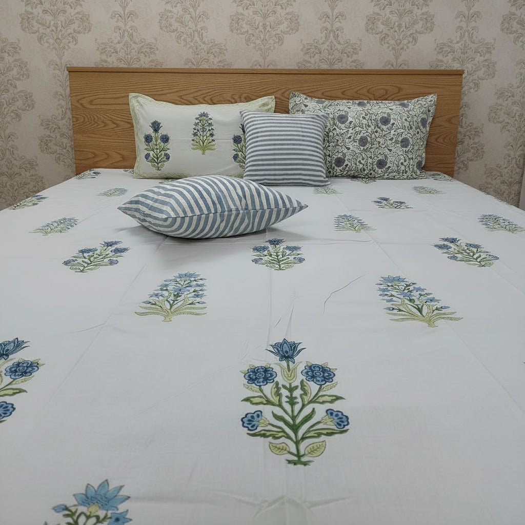 BLUE YELLOW HAND BLOCK PRINTED KING COTTON BEDSHEET SET