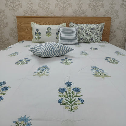 BLUE YELLOW HAND BLOCK PRINTED KING COTTON BEDSHEET SET