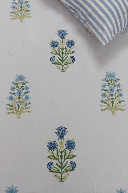 BLUE YELLOW HAND BLOCK PRINTED KING COTTON BEDSHEET SET