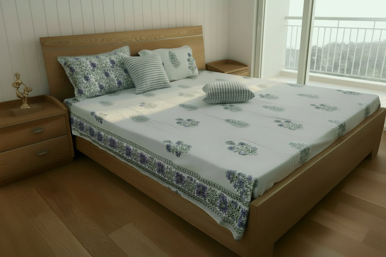 BLUE YELLOW HAND BLOCK PRINTED KING COTTON BEDSHEET SET