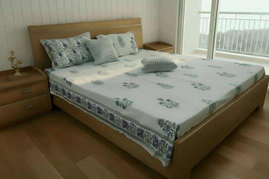 BLUE YELLOW HAND BLOCK PRINTED KING COTTON BEDSHEET SET