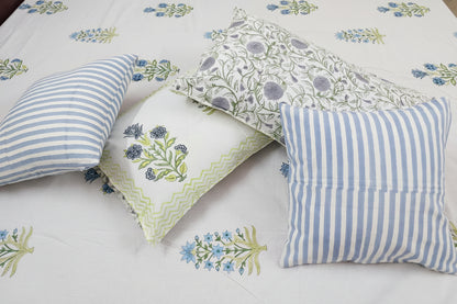BLUE YELLOW HAND BLOCK PRINTED KING COTTON BEDSHEET SET