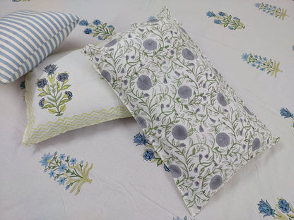 BLUE YELLOW HAND BLOCK PRINTED KING COTTON BEDSHEET SET