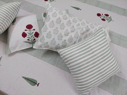 OFF WHITE & GREEN STRIPED HAND BLOCK PRINTED KING COTTON BEDSHEET SET