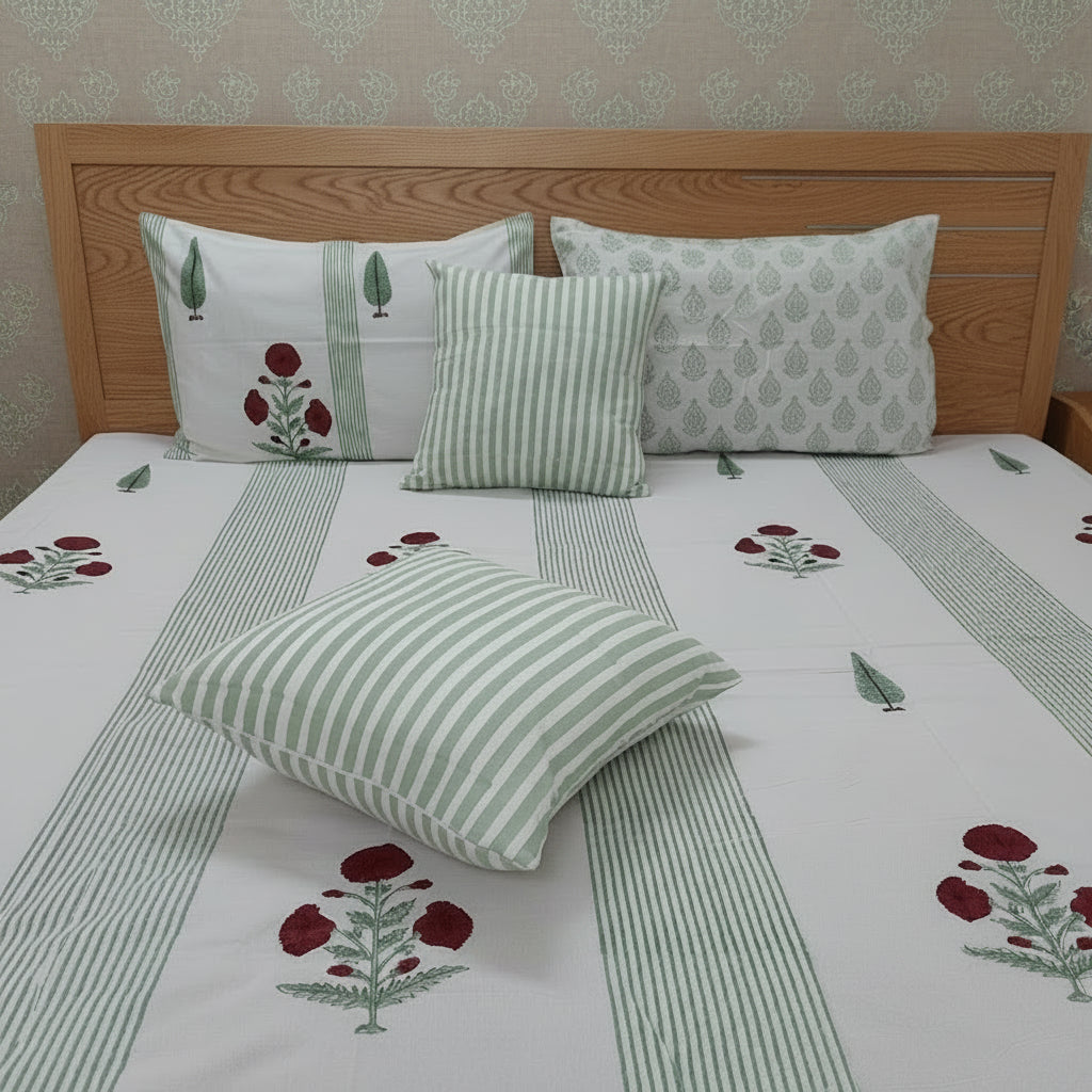 OFF WHITE & GREEN STRIPED HAND BLOCK PRINTED KING COTTON BEDSHEET SET