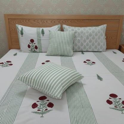 OFF WHITE & GREEN STRIPED HAND BLOCK PRINTED KING COTTON BEDSHEET SET
