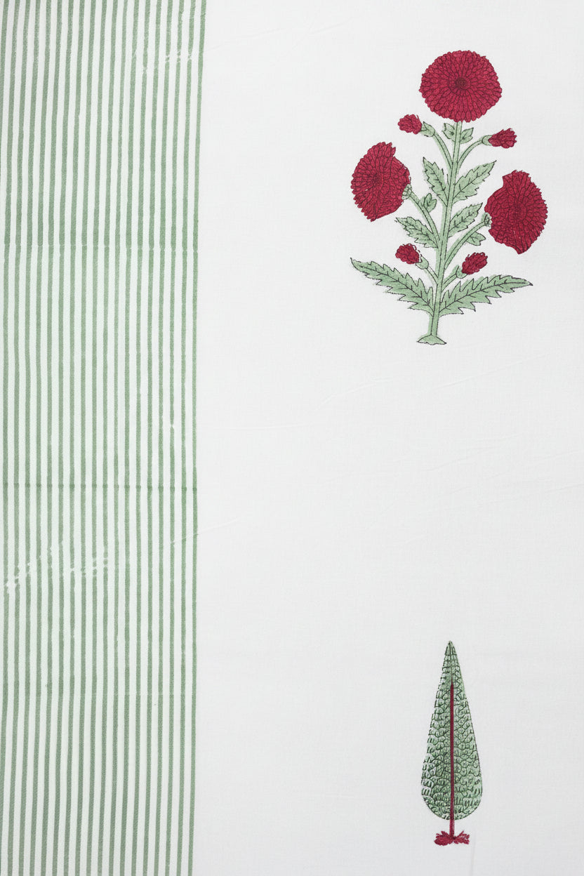 OFF WHITE & GREEN STRIPED HAND BLOCK PRINTED KING COTTON BEDSHEET SET