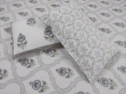 IVORY GREY HAND BLOCK PRINTED KING COTTON BEDSHEET SET
