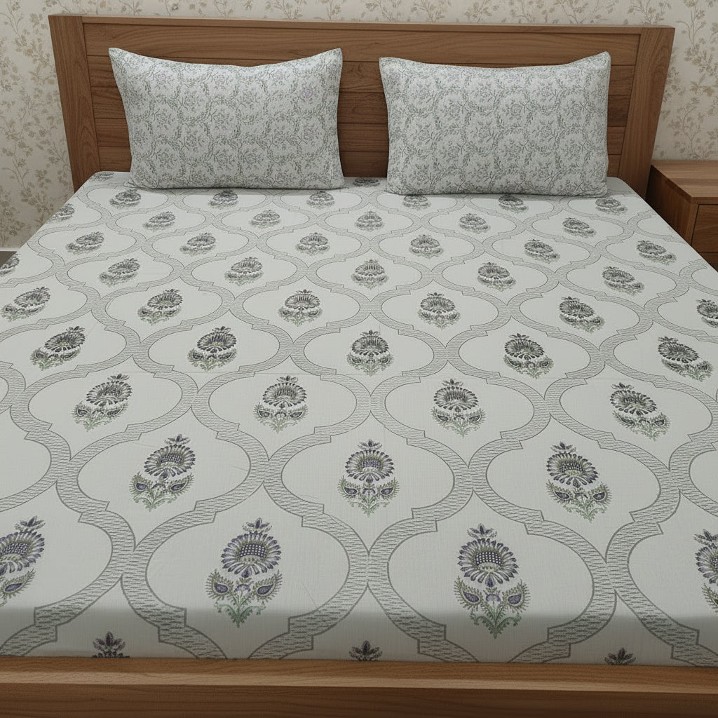 IVORY GREY HAND BLOCK PRINTED KING COTTON BEDSHEET SET